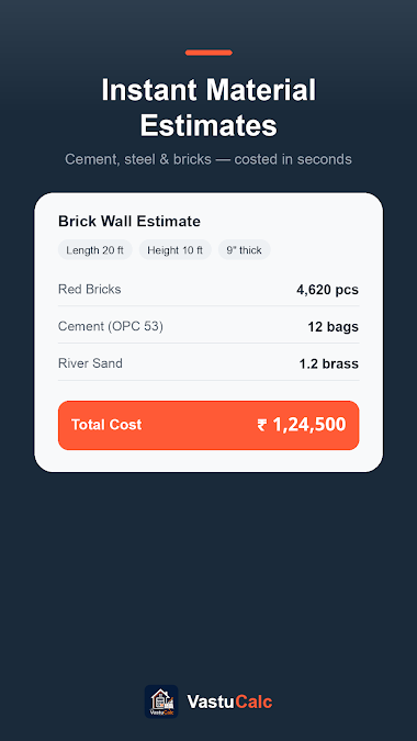 VastuCalc material estimate showing brick, cement and sand quantities