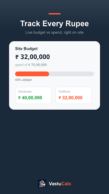 VastuCalc site budget dashboard tracking advances and outflows